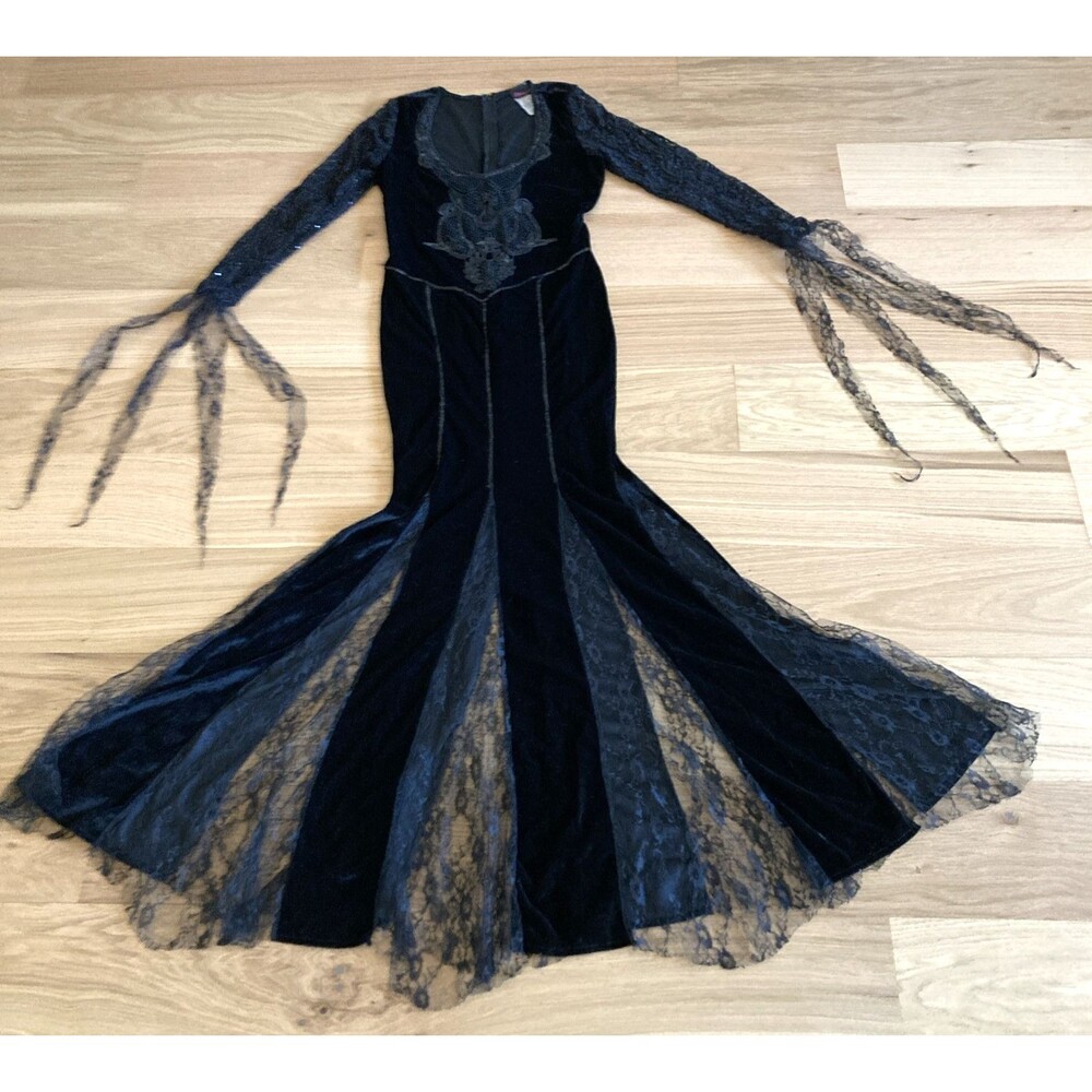 Velvet Sequins Lace M Gothic Dress Elvira Morticia Addams Cosplay Dark Fairy
